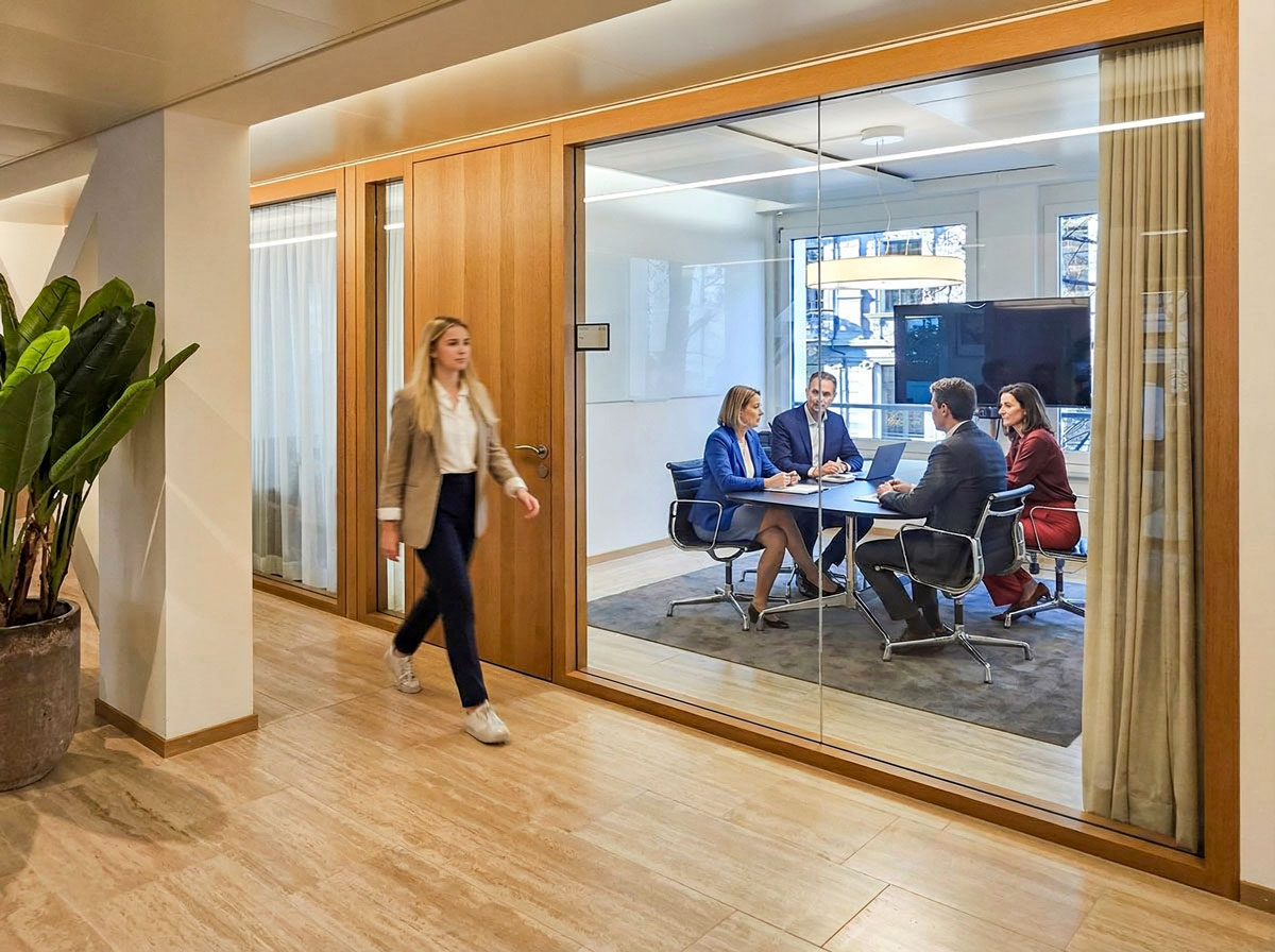 Besprechung mit vier Personen in einem modernen Meeting-Raum