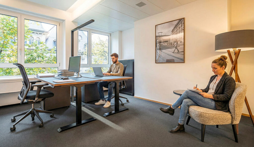 Ein Mann arbeitet am Schreibtisch, eine Frau auf einem Sessel macht sich Notizen