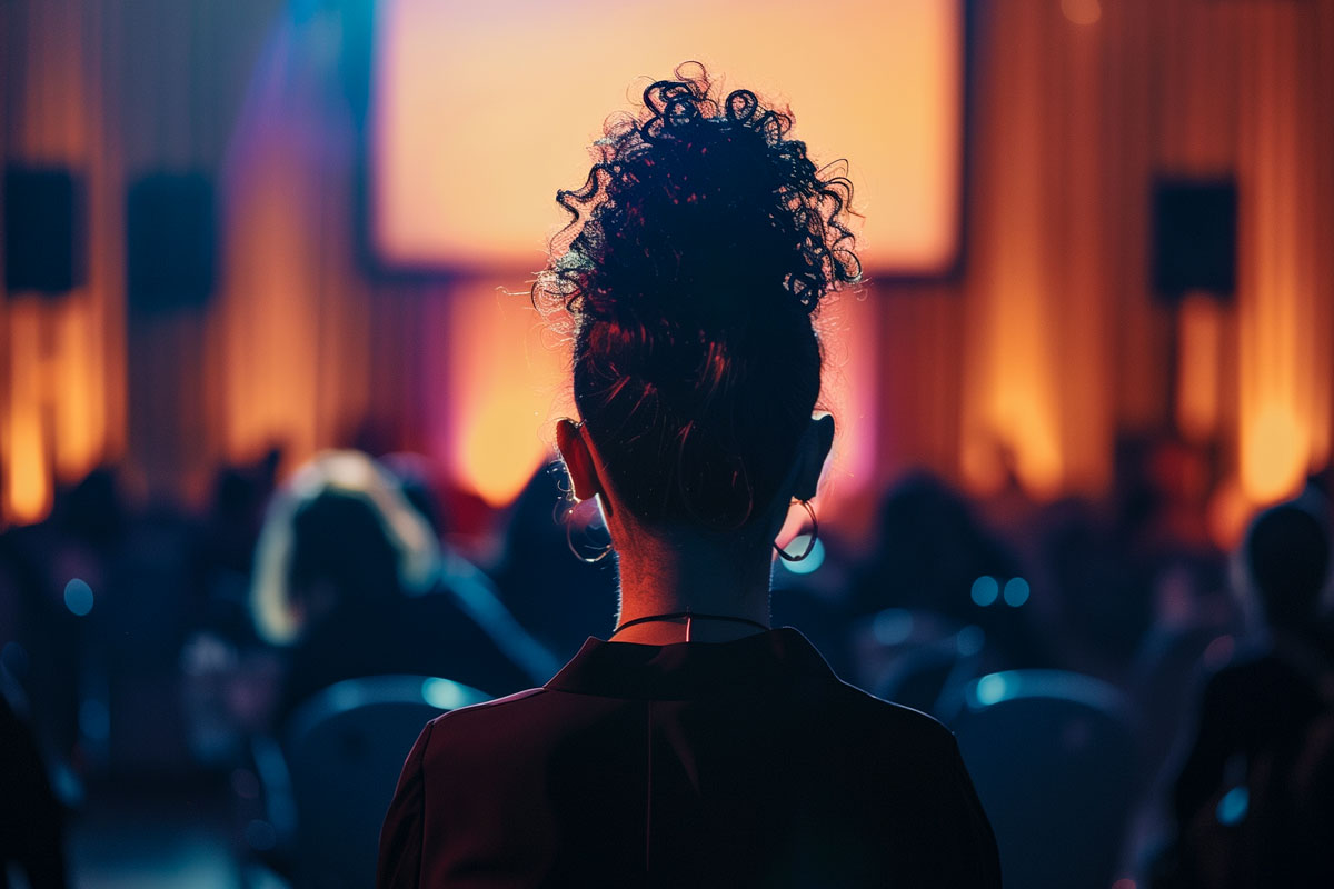 Frau sitzt im Publikum eines Events