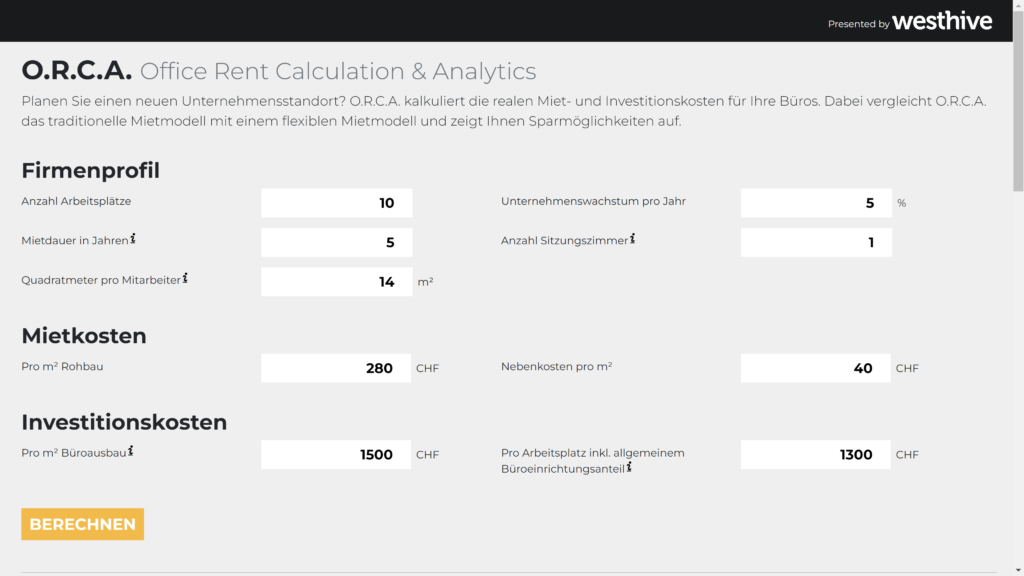 Screenshot des Kostenrechners ORCA