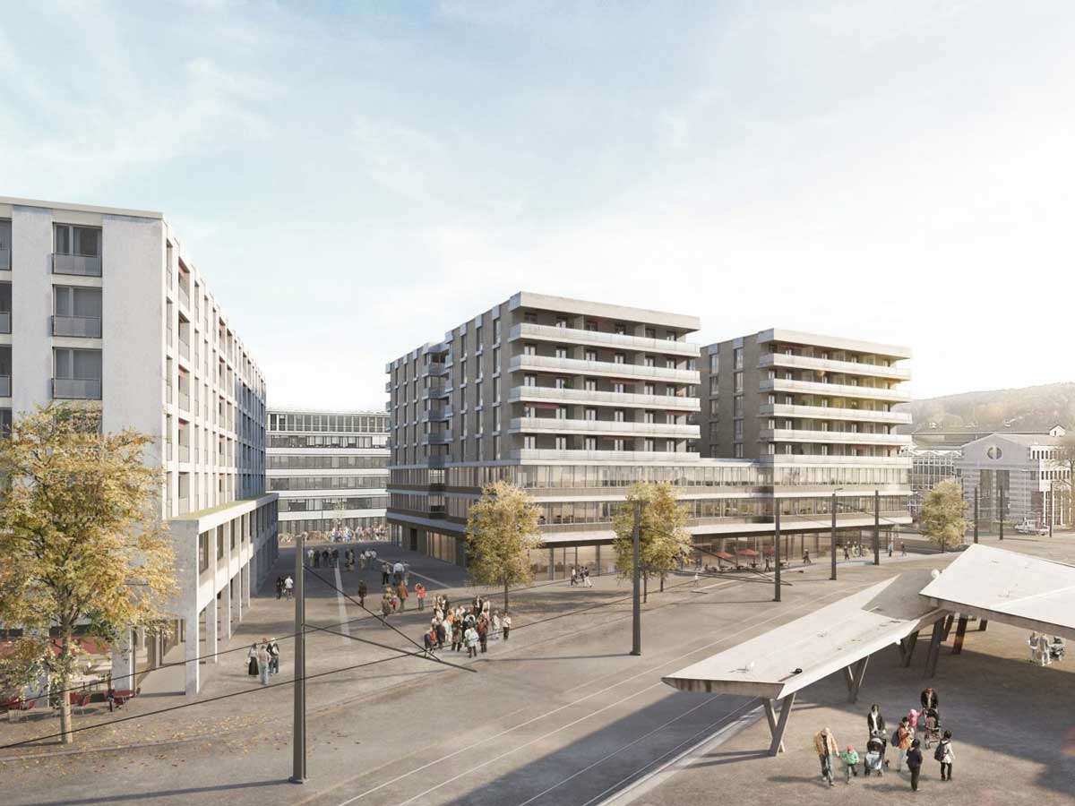 Rendering der Gebäude beim Bahnhof Stettbach